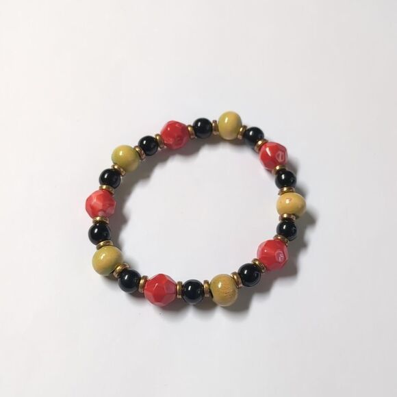 40 Red Yellow Black and Gold Beaded Bracelet - Picture 2 of 5